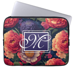 Elegant sinaasappel rood bloemenromantisch monogra laptop sleeve