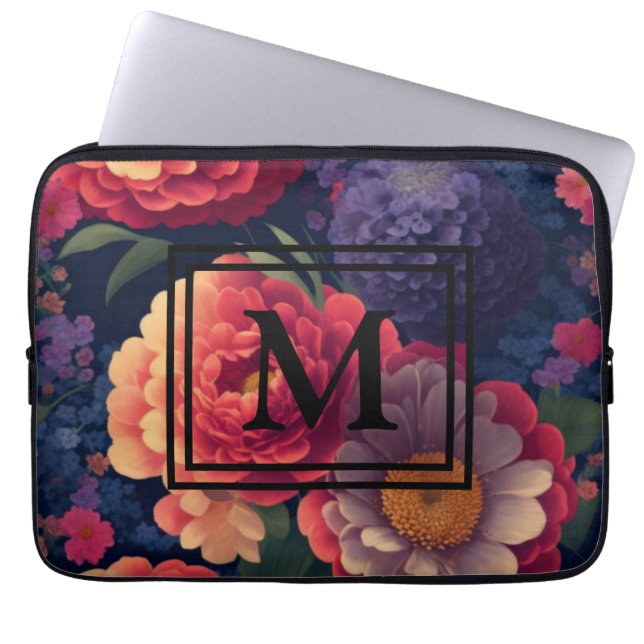 Elegant sinaasappel rood bloemenromantisch monogra laptop sleeve (Voorkant)