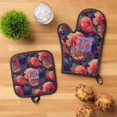 Elegant sinaasappel rood bloemenromantisch monogra ovenwant & pannenlap set (Top down)