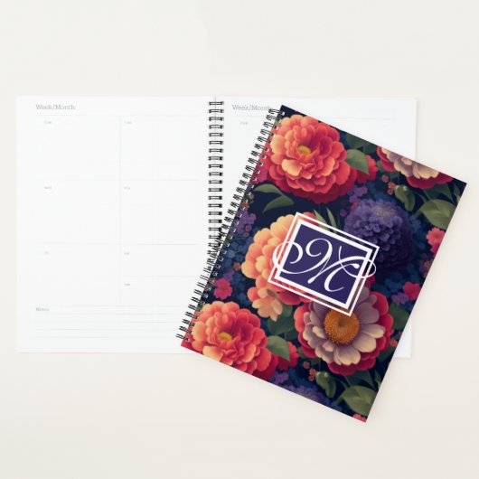Elegant sinaasappel rood bloemenromantisch monogra planner (Display)