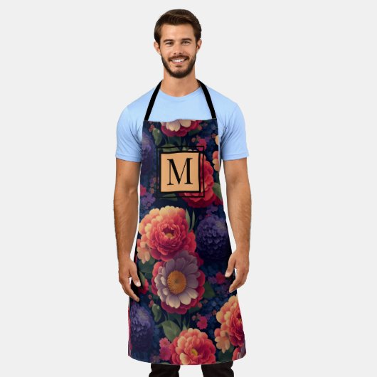 Elegant sinaasappel rood bloemenromantisch monogra schort (Gedragen)