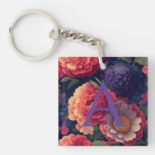 Elegant sinaasappel rood bloemenromantisch monogra sleutelhanger