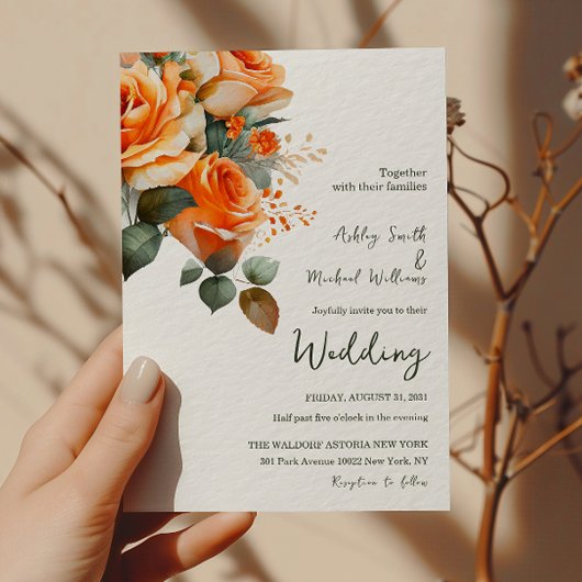 Elegant Sinaasappel Rozen Waterverf Bloemen Bruilo Kaart