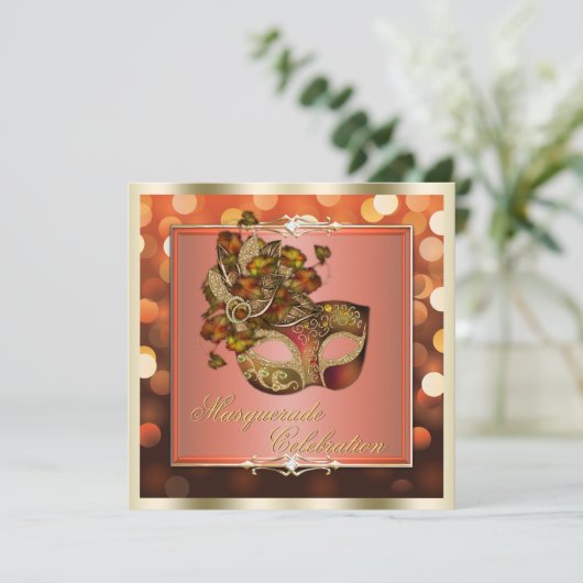 Elegant Sinaasappel Shimmering Lights Bokeh Masque Kaart (Staand voorkant)