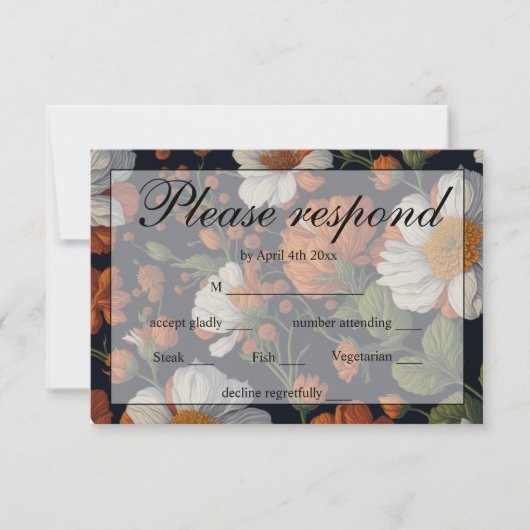 Elegant sinaasappel wit zwart  bloemig RSVP kaartje (Voorkant)