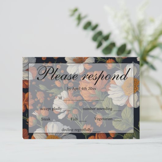 Elegant sinaasappel wit zwart bloemig RSVP kaartje (Staand voorkant)