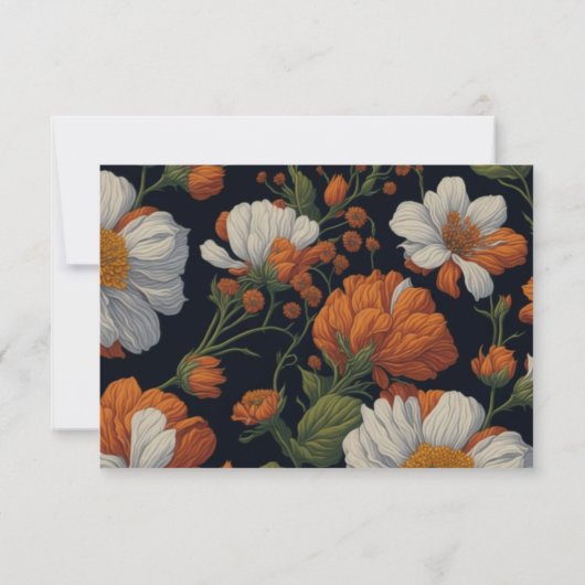 Elegant sinaasappel wit zwart bloemig RSVP kaartje (Achterkant)