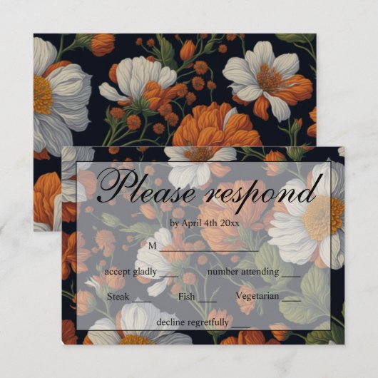 Elegant sinaasappel wit zwart bloemig RSVP kaartje (Voorkant / Achterkant)