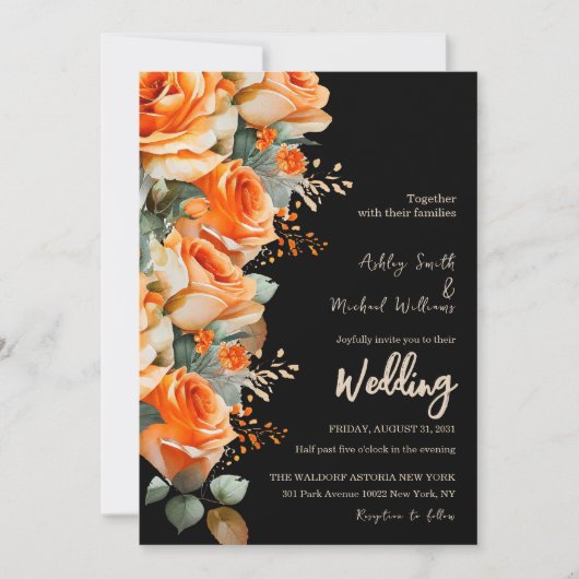 Elegant Sinaasappel & Zwart Waterverf Bloemenbruil Kaart (Voorkant)