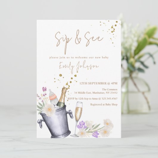 Elegant Sip & See Champagne Bottle Baby shower Kaart (Staand voorkant)