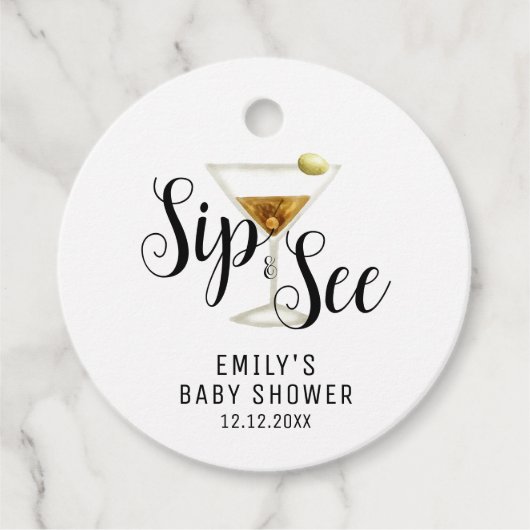 Elegant Sip & See Martini Cocktail Baby shower Bedankjes Labels (Voorkant)