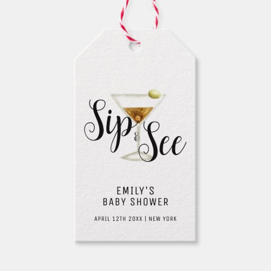 Elegant Sip & See Martini Cocktail Baby shower Cadeaulabel (Voorkant)