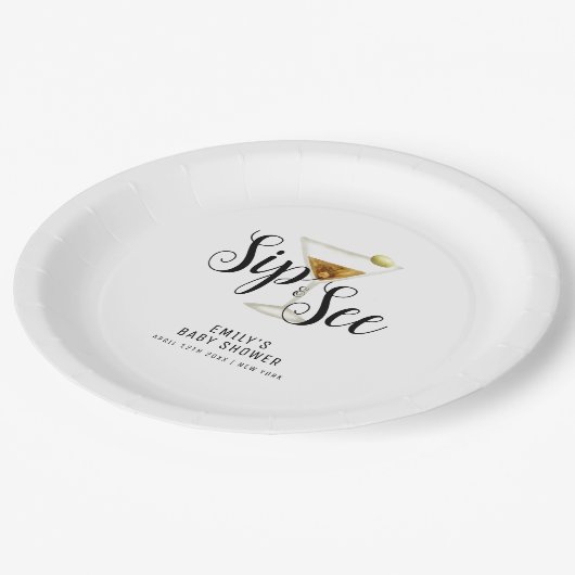 Elegant Sip & See Martini Cocktail Baby shower Papieren Bordje (Gekanteld)