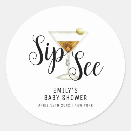 Elegant Sip & See Martini Cocktail Baby shower Ronde Sticker (Voorkant)