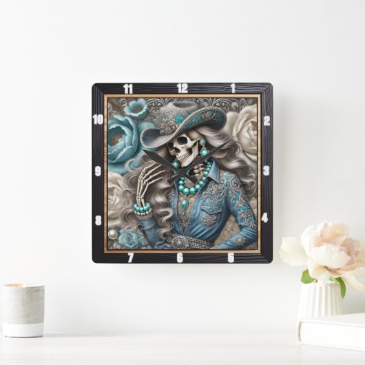 Elegant Skelet Portret Bloemen Achtergrond Vierkante Klok (Huis)