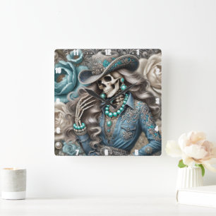 Elegant Skelet Portret Bloemen Achtergrond Vierkante Klok