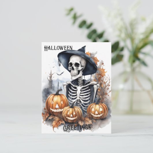 Elegant Skeleton Halloween Waterverf Briefkaart (Staand voorkant)