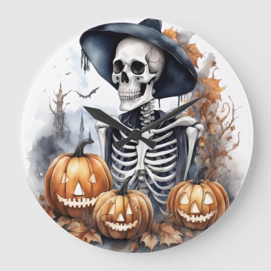Elegant Skeleton Halloween Waterverf Grote Klok (Voorkant)