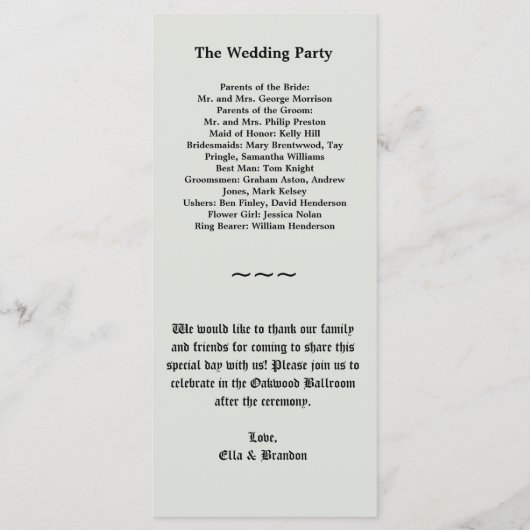 Elegant Skeletons huwelijksprogramma Programmakaart (Achterkant)