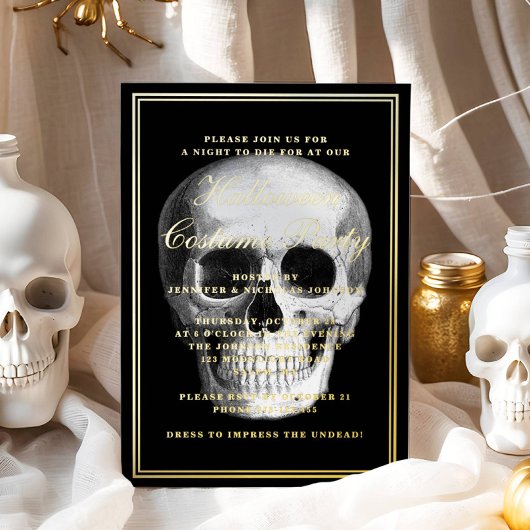 Elegant Skull Halloween Costume Party Gold Folie Uitnodiging