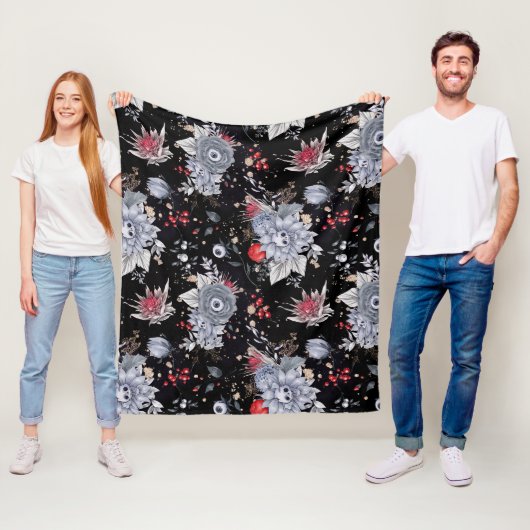 Elegant Skull Rozen Zilver Zwart Fleece Deken (In situ)