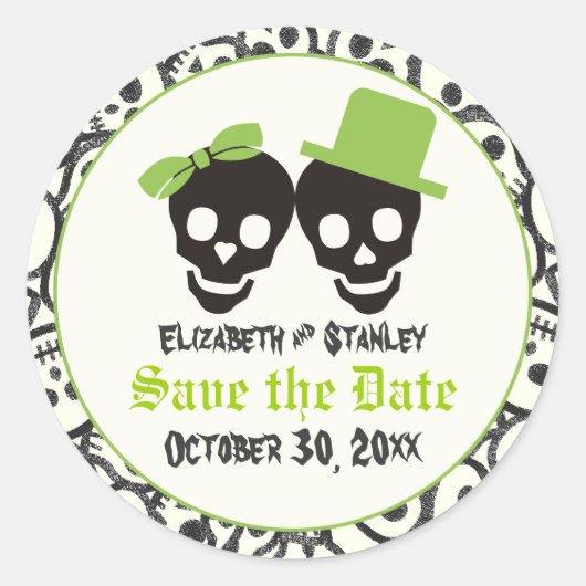 Elegant skulls Halloween bruiloft Save the Date Ronde Sticker (Voorkant)
