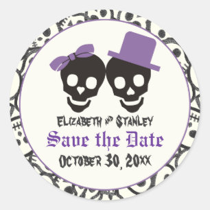 Elegant skulls Halloween bruiloft Save the Date Ronde Sticker