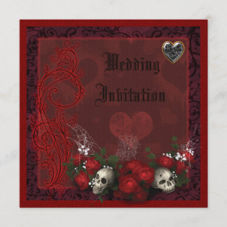 Elegant Skulls, Rozen & Hearts Linen Wedding Kaart
