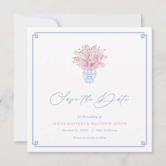 Elegant Sky Blue Ballet Roze Ginger Jar Bruiloft Save The Date (Voorkant)