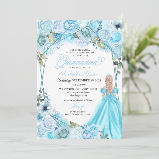 Elegant Sky Blue Floral Quinceanera Kaart (Staand voorkant)