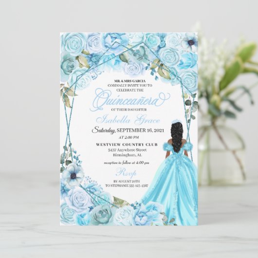 Elegant Sky Blue Floral Quinceanera Kaart (Staand voorkant)