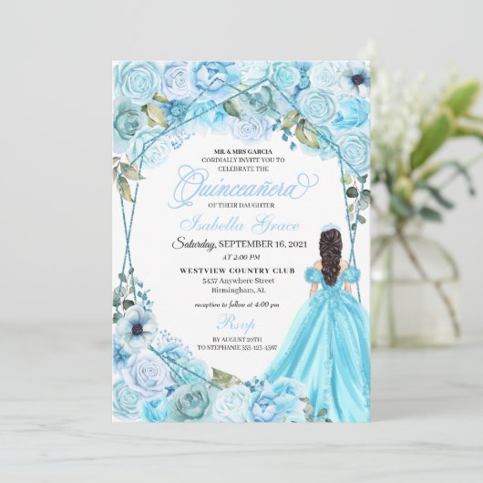 Elegant Sky Blue Floral Quinceanera Kaart (Staand voorkant)