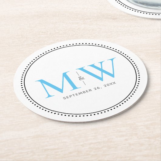 Elegant Sky Blue Monogram Weddenschap Ronde Kartonnen Onderzetter (Gebogen)