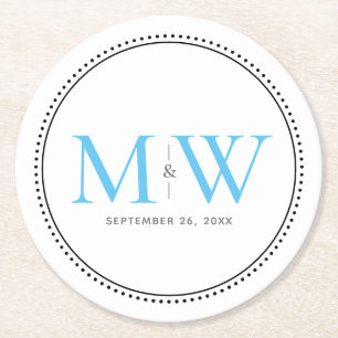 Elegant Sky Blue Monogram Weddenschap Ronde Kartonnen Onderzetter