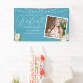 Elegant Sky Blue Photo Floral Afstuderen Spandoek (Insitu)