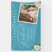 Elegant Sky Blue Photo Floral Afstuderen Spandoek (Verticaal)