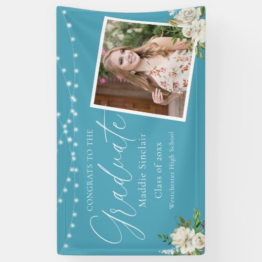 Elegant Sky Blue Photo Floral Afstuderen Spandoek (Verticaal)