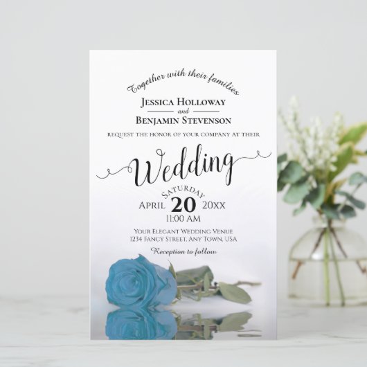 Elegant Sky Blue Roos BUDGET Weduwuitnodiging (Staand voorkant)