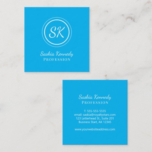 Elegant Sky Blue Script Professional Monogram Vierkante Visitekaartje (Voorkant / Achterkant)