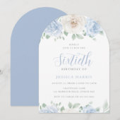 Elegant Sky Blue Waterverf 60ste verjaardagsfeest Kaart (Voorkant / Achterkant)