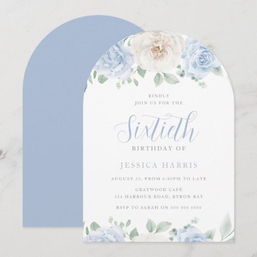 Elegant Sky Blue Waterverf 60ste verjaardagsfeest Kaart (Voorkant / Achterkant)