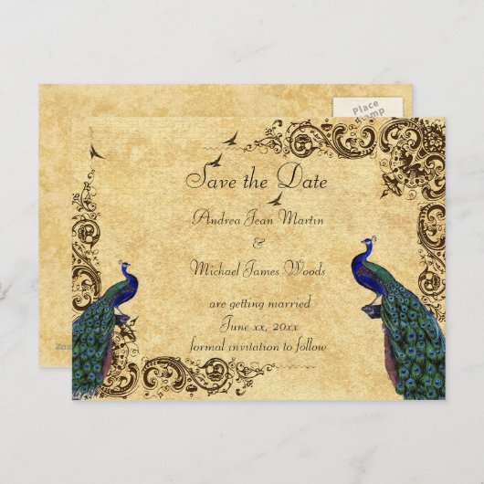 Elegant, sla de Datum op, Peacocks, Douane Aankondigingskaart (Voorkant / Achterkant)