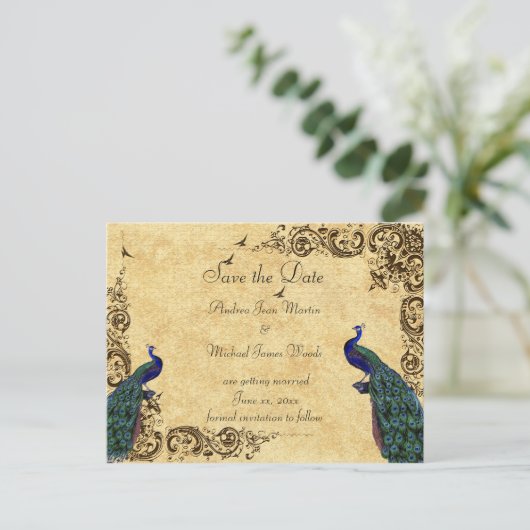 Elegant, sla de Datum op, Peacocks, Douane Aankondigingskaart (Staand voorkant)