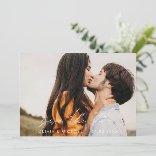 Elegant slaat de datum met handgeschreven fotomini kaart (Staand voorkant)