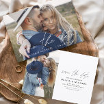 Elegant slaat de datum met handgeschreven fotomini save the date<br><div class="desc">Handgeschreven Weddenschap Sparen de Kaarten van de Datum die een foto op de voor en rug hebben. Sparen de Herfst van de Datum, de Herfst, de Winter, de Lente of de kaarten van de Zomer bevatten een moderne hand geschreven cursieve manuscripttypografie die elegant, eenvoudig en modern zijn om na u...</div>