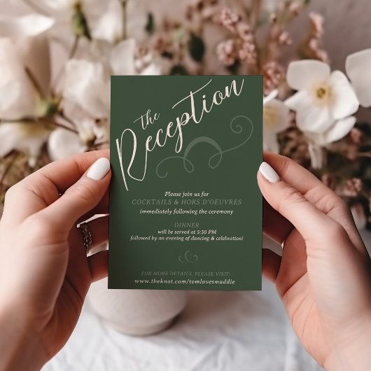 Elegant Slant Script Donker Groen Bruiloft Recepti Informatiekaartje