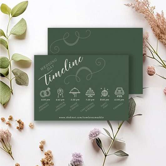 Elegant Slant Script Donker Groen Bruiloft Tijdlij Informatiekaartje