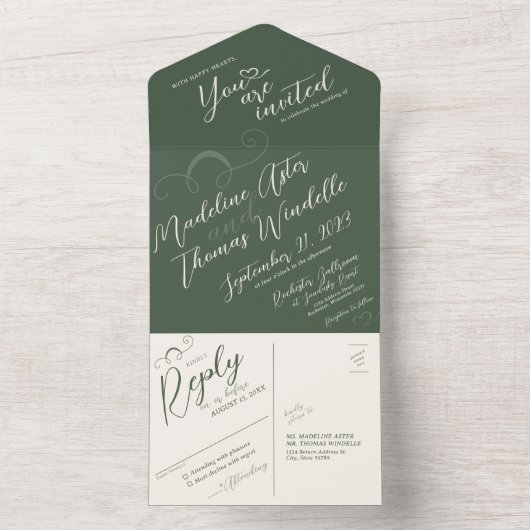 Elegant Slant Script Donker Mos Groen Bruiloft All In One Uitnodiging (Binnen)