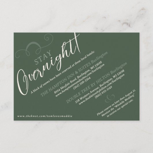 Elegant Slant Script Donkergroen bruiloft hotel ve Informatiekaartje (Voorkant)