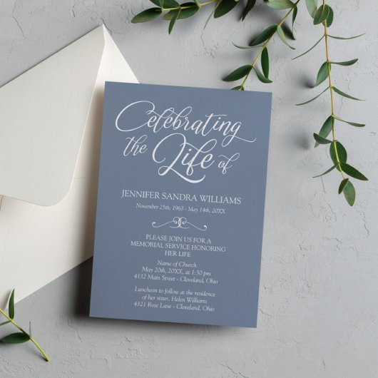 Elegant Slate Blue & White Celebration of Life Kaart